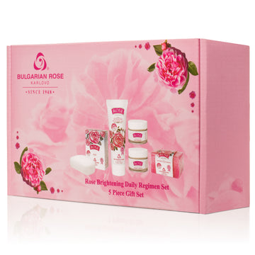 Bulgarian Rose Moisturizing Daily Regimen 5 Piece Gift Set - Rose Day Cream, Rose Night Cream, Exfoliating Face Mask, Rose Soap, Rose Soap Sponge