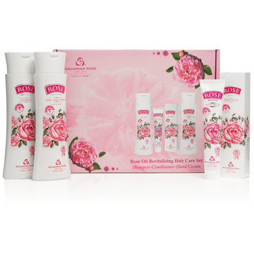 Rose Bulgarian Revitalizing Hair Care 3 Piece Gift Set - Natural Rose Shampoo, Hair Conditioner, Hand Cream